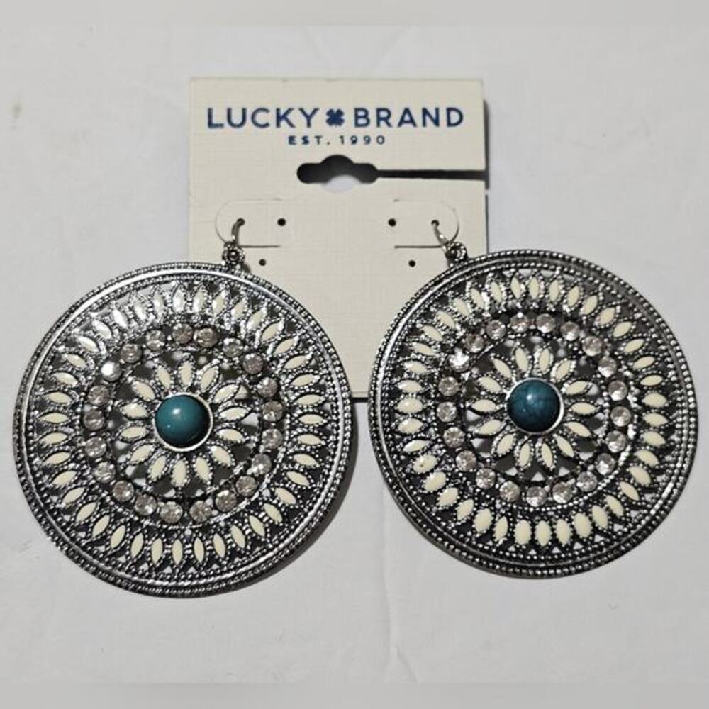 Lucky Brand Silver Tone Turquoise Enamel Rhinestone Medallion Drop Earrings